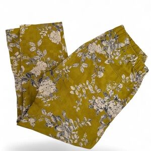 Elevenses Anthropologie Mindaro Floral Pants Mustard Olive Ruffle Waist US 6